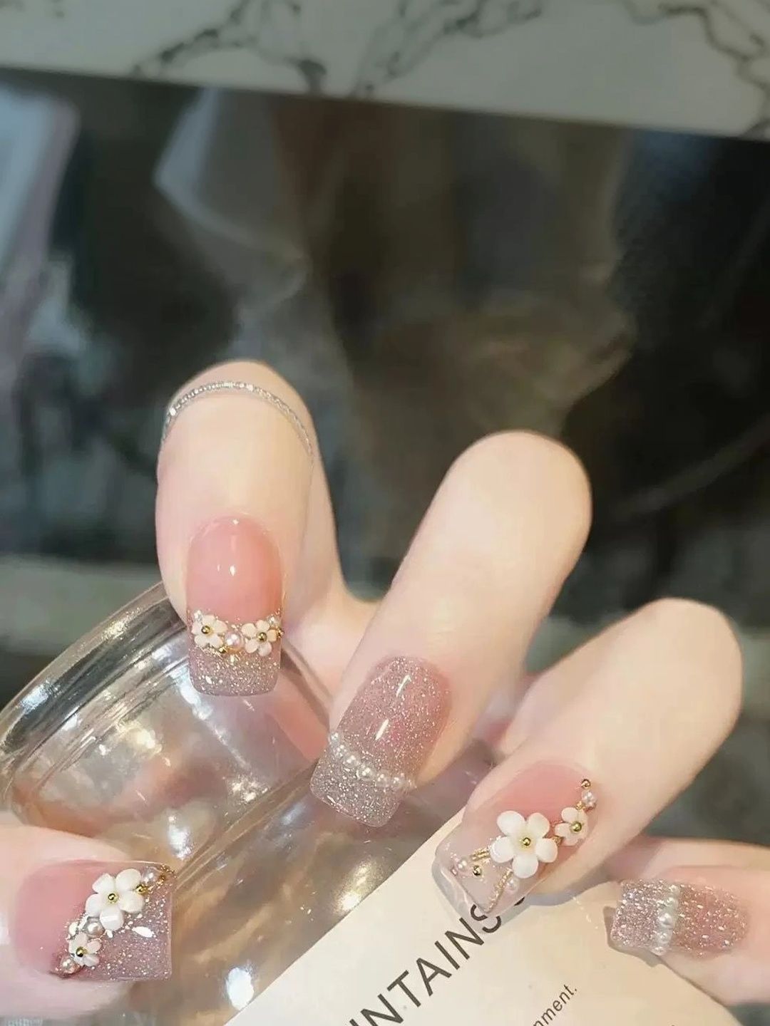 TheVineGirl Set Of 24 Reusable Press On Artificial Nails - Blush Bloom Glitter Floral-image-41