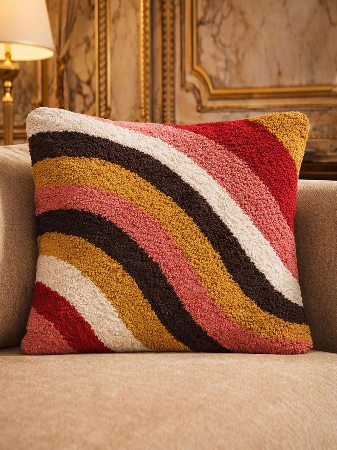 ANA Multicoloured & Cream-Coloured Striped Square Cushion Covers-image-16