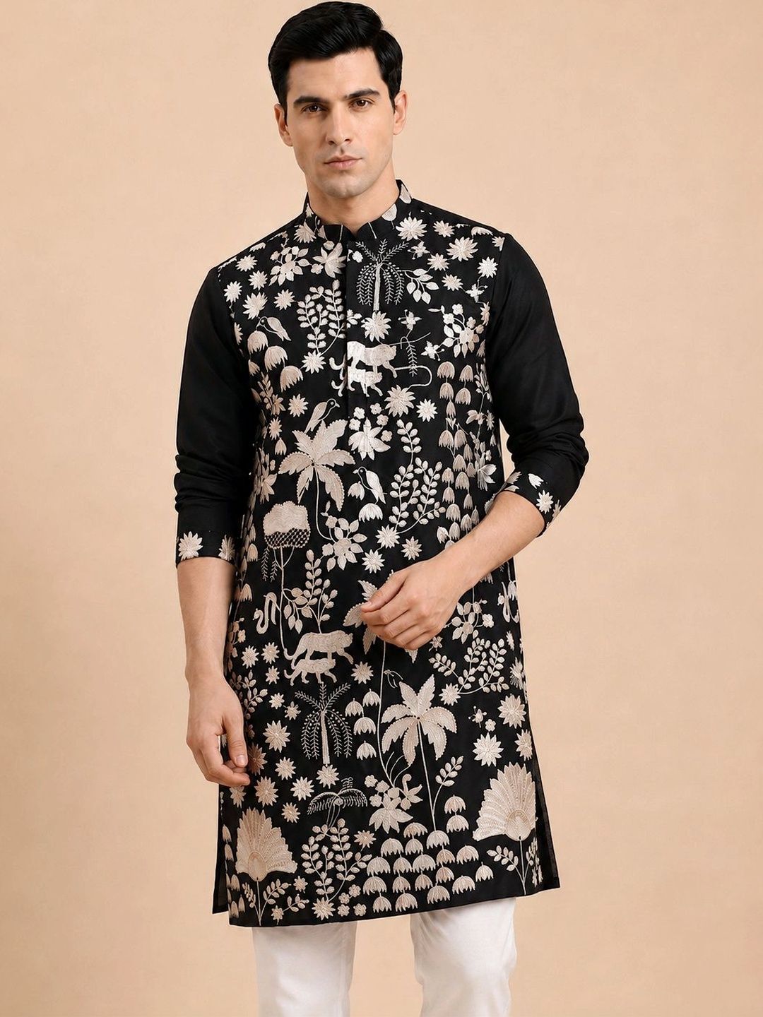 House of Pataudi Men Ethnic Motifs Embroidered Regular Thread Work Kurta with Pyjamas-picture-50