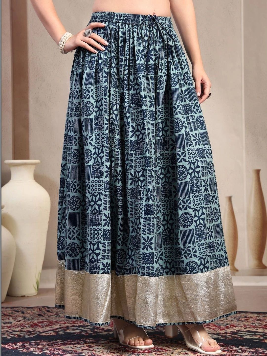 Anouk Women Cotton Cotton Cambric Geometric Maxi Flared Skirt-picture-28