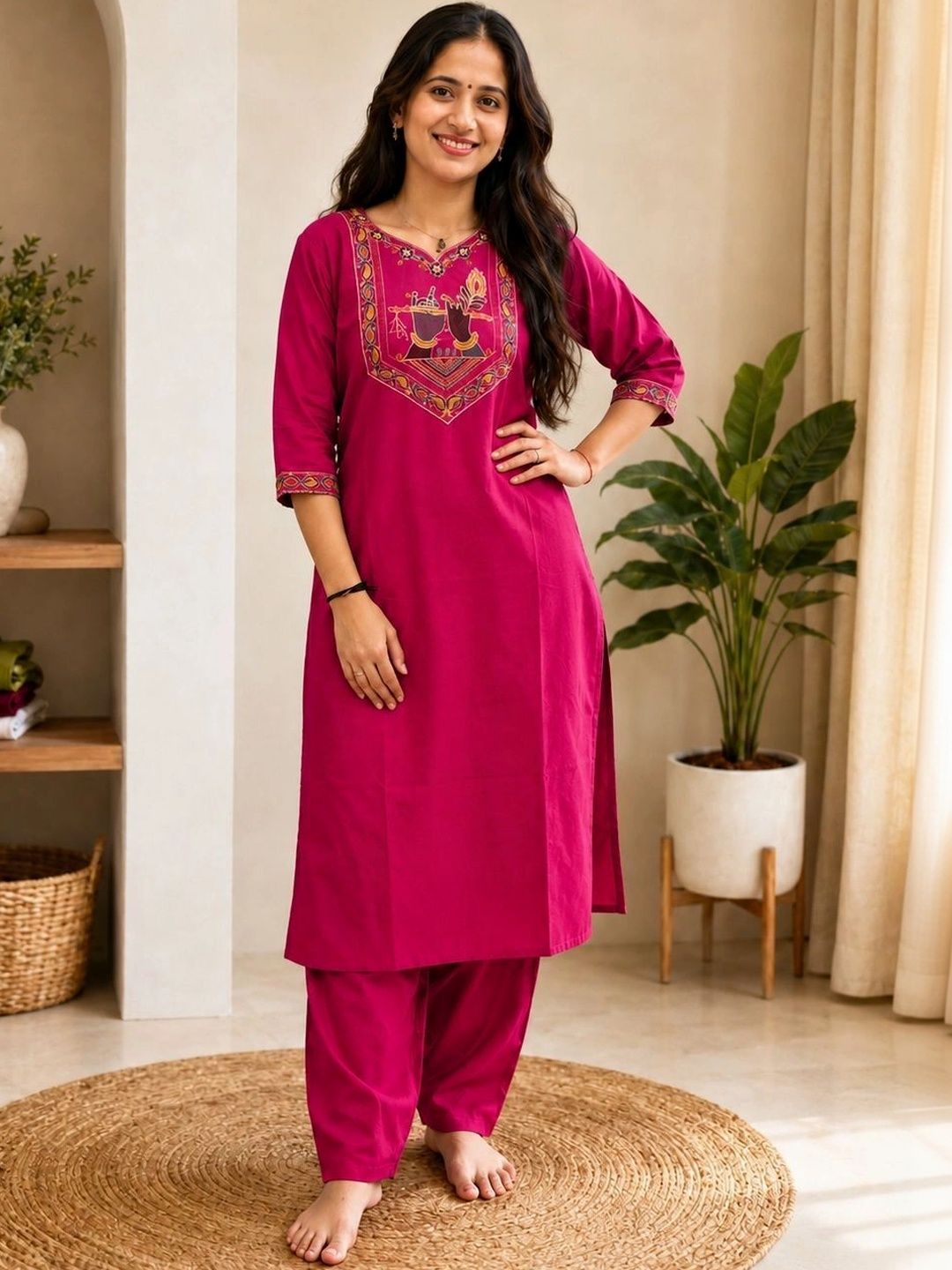 MAHALAXMI CREATION Ethnic Motifs Embroidered V-Neck Thread Work Pure Cotton Kurti-picture-35