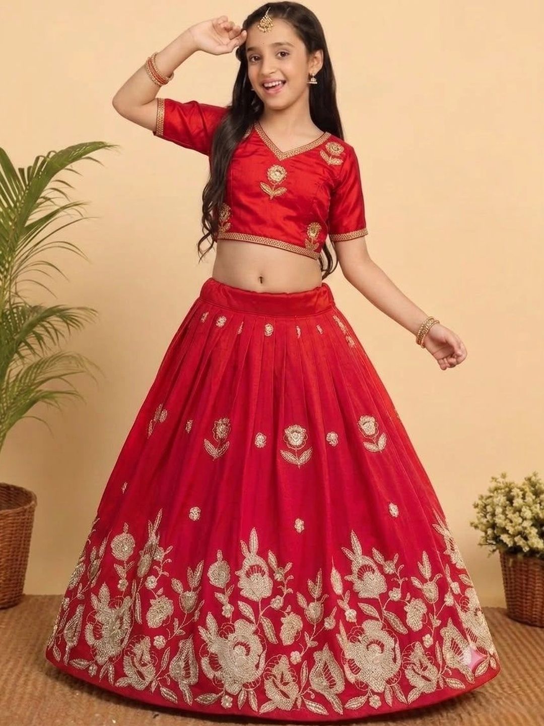 KALINI Girls Embroidered Thread Work Ready to Wear Lehenga &-picture-11