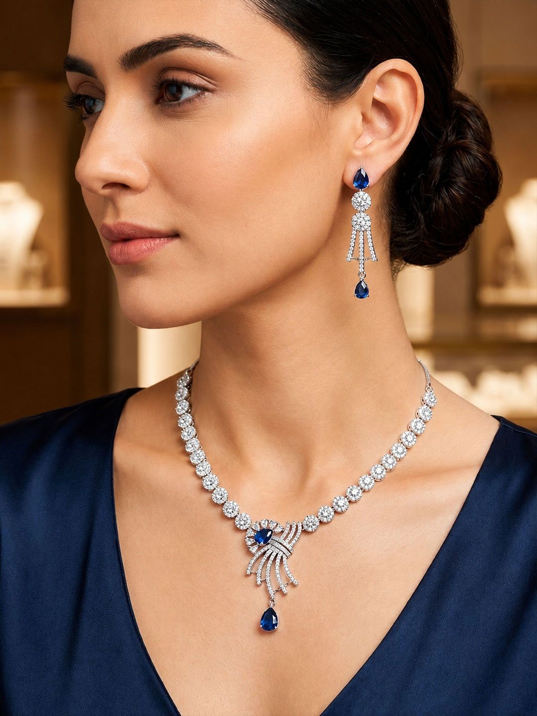 PRIVIU Silver-Plated American Diamond Necklace and Earrings-picture-16