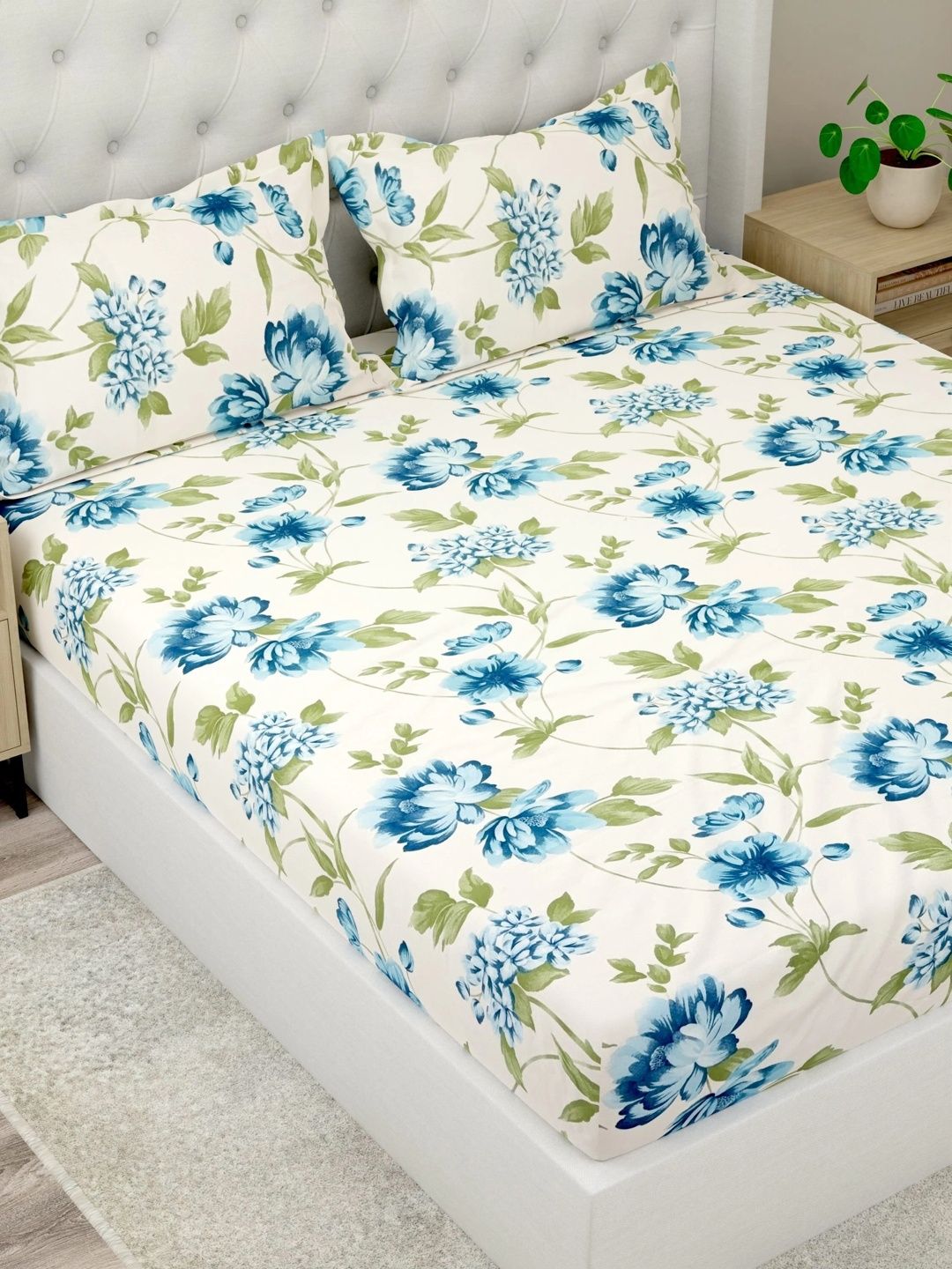 Pure Decor Off White & Blue Floral 180 TC Bedsheet with 2 Pillow Covers-image-20