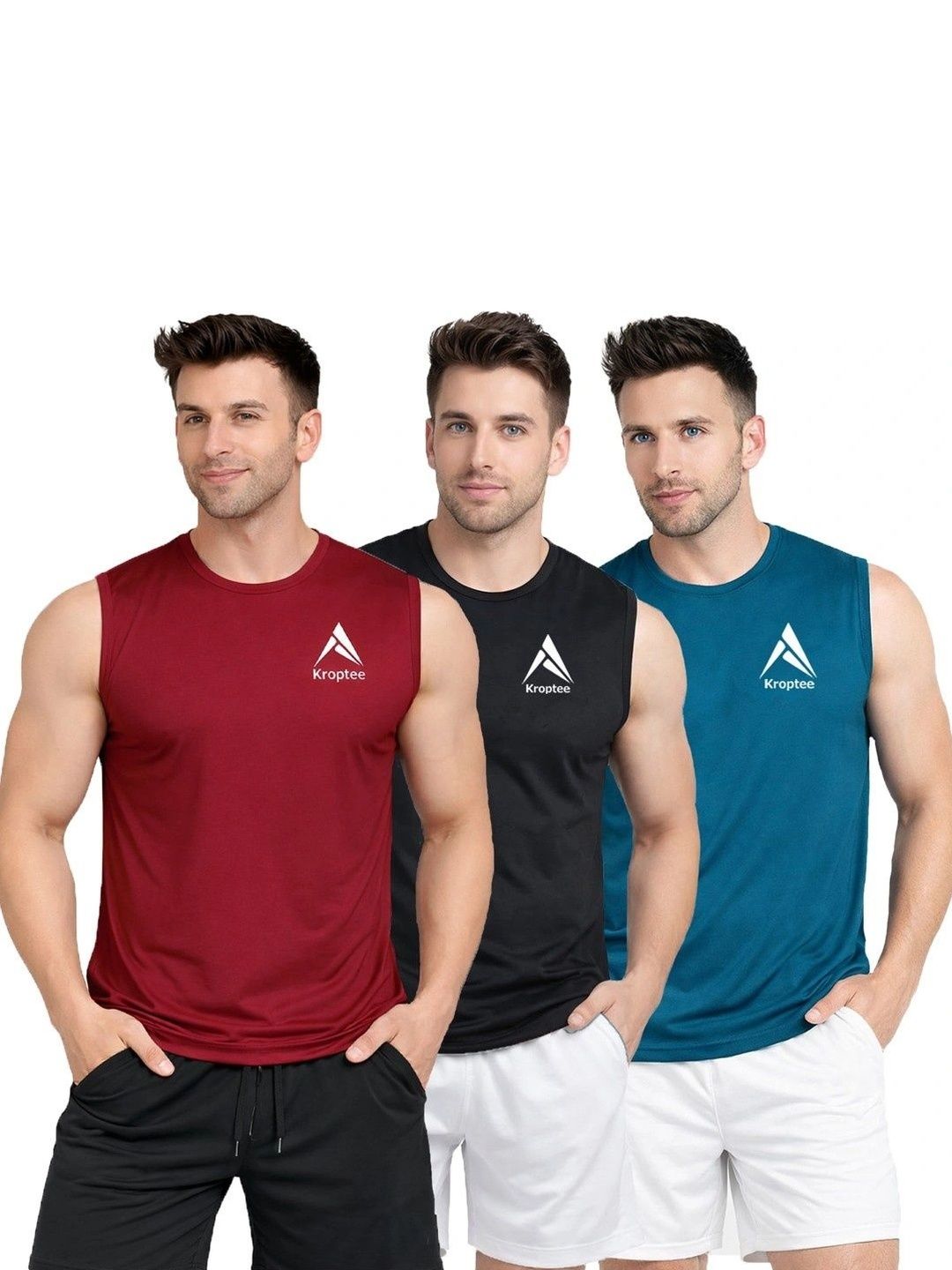 Kroptee Pack of 3 Printed Cotton Blend Gym Vest-image-31