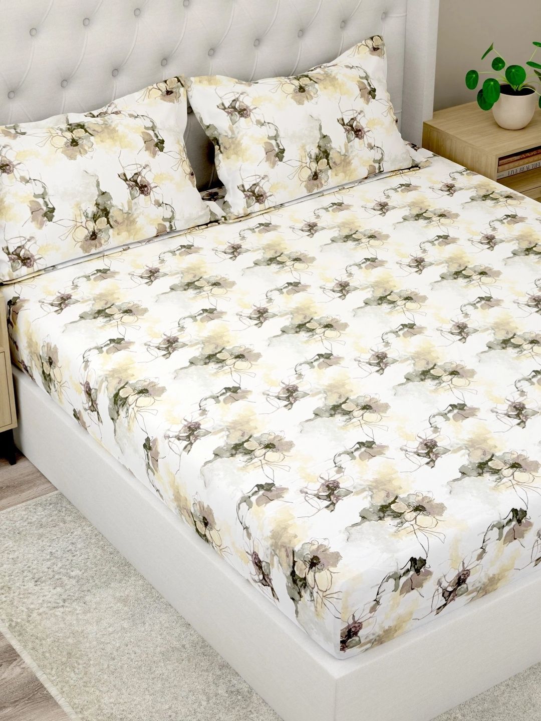 Pure Decor White & Beige Floral 180 TC Bedsheet with 2 Pillow Covers-picture-32
