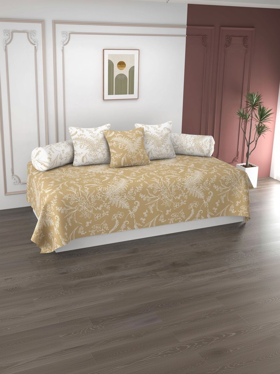 HIDECOR Set Of 6 Beige & White Printed Microfiber Diwan Set-picture-39