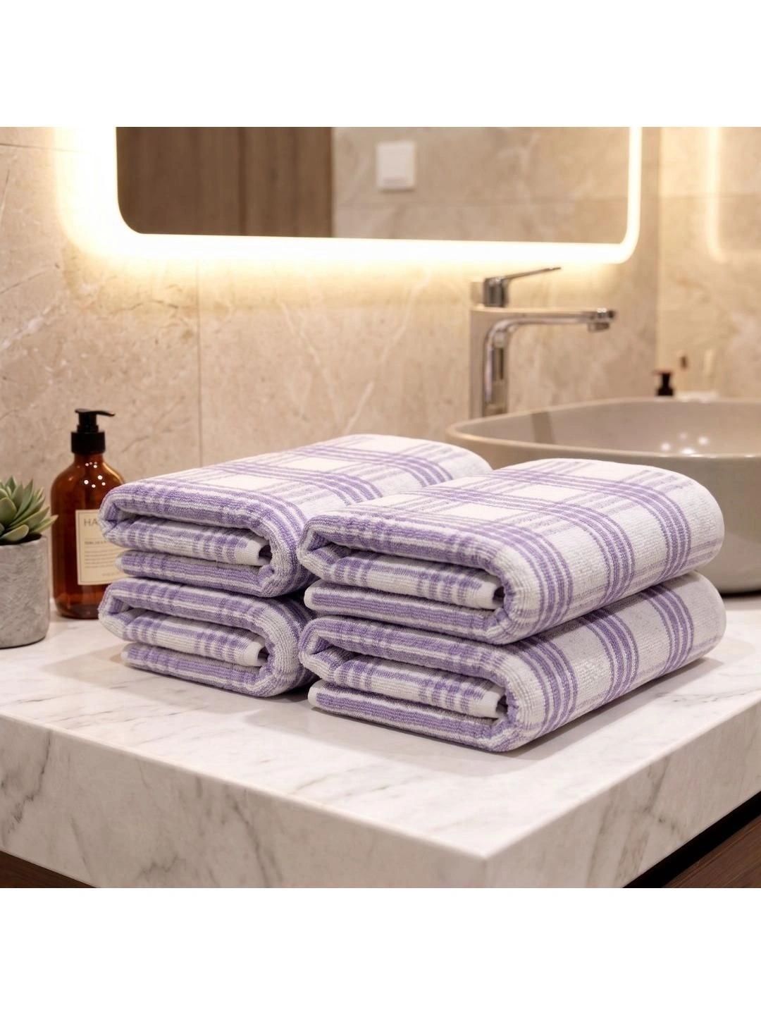 Athom Living Set Of 4 Lavender-Colored & White Striped Cotton Hand Towels-picture-55