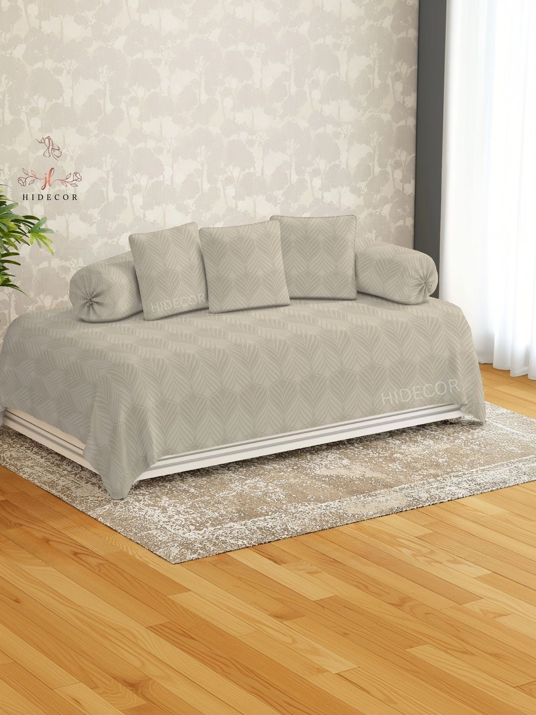 HIDECOR Set Of 6 Beige Printed Microfiber Diwan Set-image-10