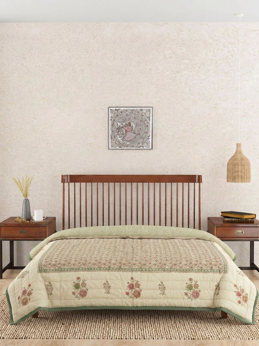 Fabindia Pink & Beige Floral Mild Winter 450 GSM Quilt-image-25