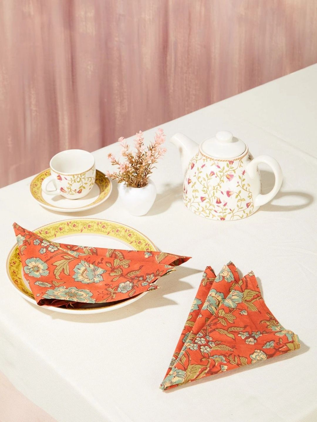Fabindia Set Of 6 Orange-Colored & Beige Indra Printed Cotton Table Napkins-image-0