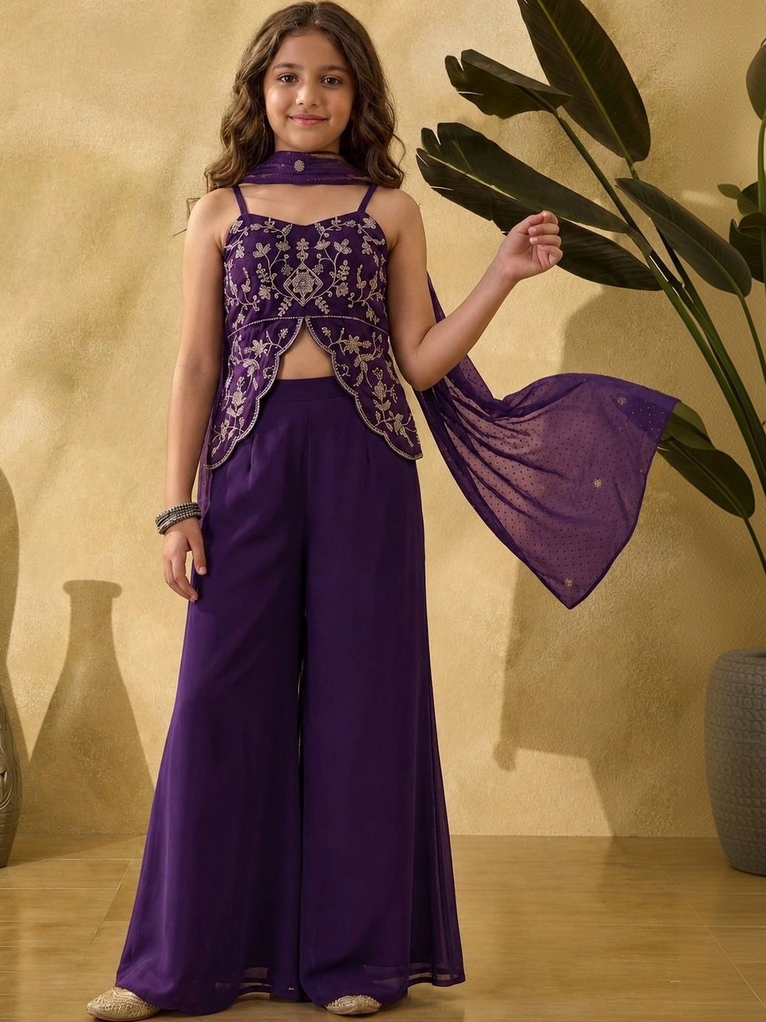 HERE&NOW Girls Ethnic Motifs Embroidered Regular Thread Work Silk Georgette Top with Palazzos & With Dupatta-picture-16