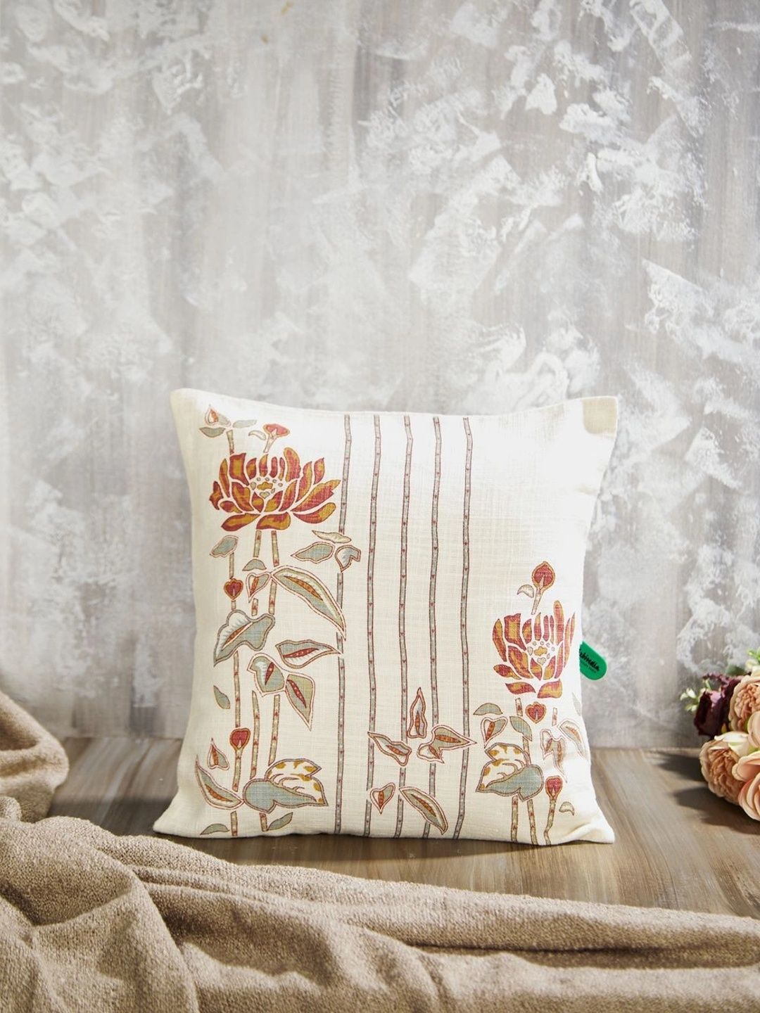 Fabindia Off White & Coral Floral Square Cushion Covers-picture-54