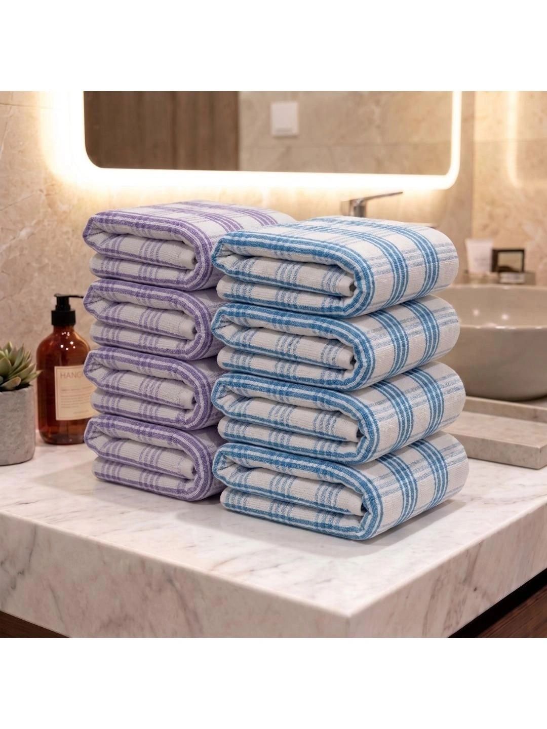 Athom Living Set Of 8 Lavender-Colored & Blue Striped Cotton Hand Towels-image-19