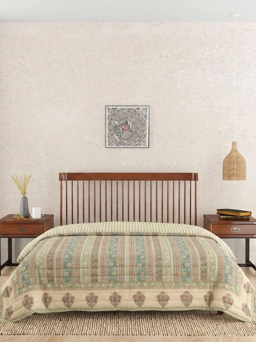 Fabindia Beige & Green Floral Mild Winter 350 GSM Quilt-image-13