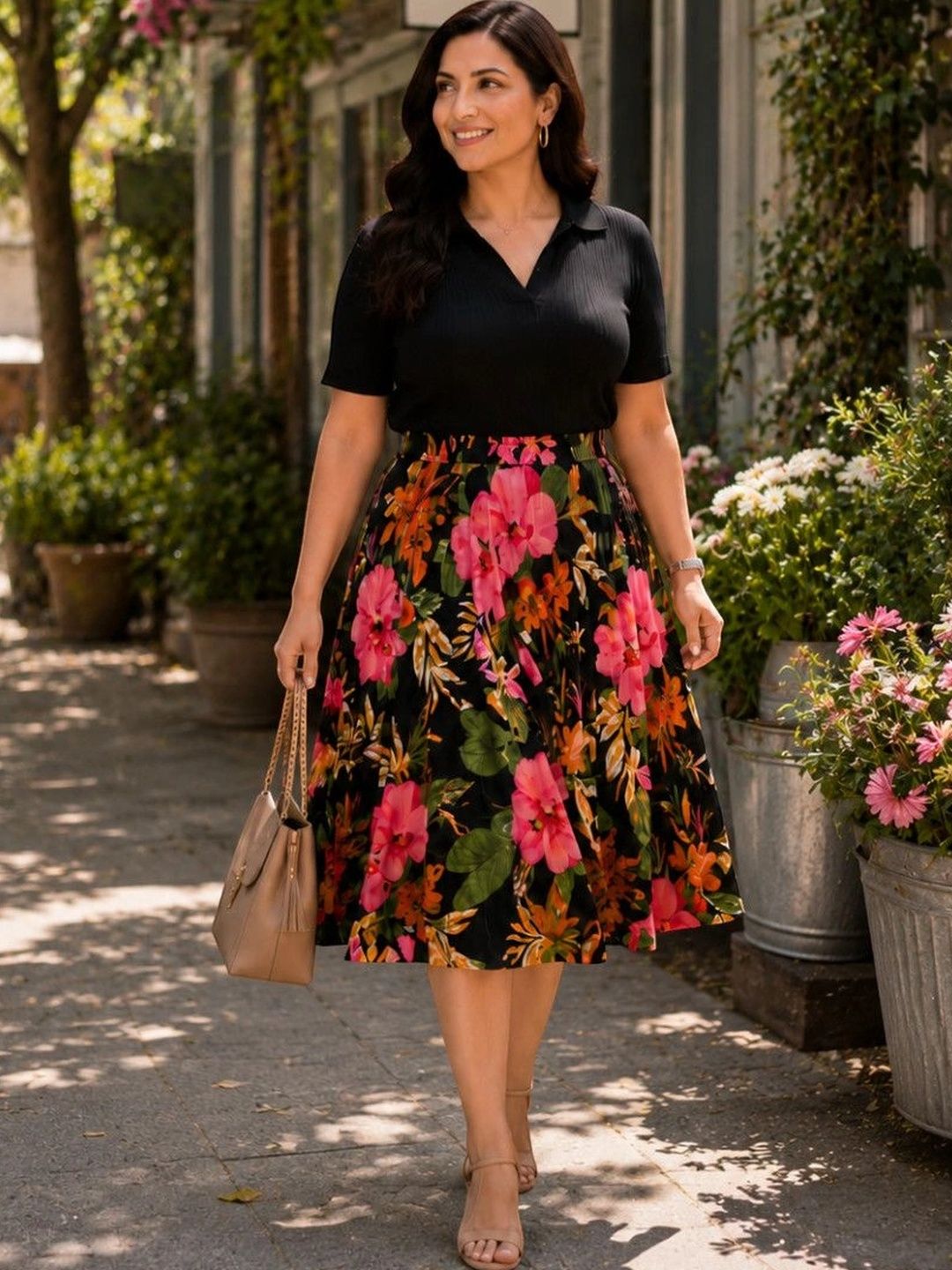 Oxolloxo Women Crepe Floral Knee Length Flared Skirt-picture-11