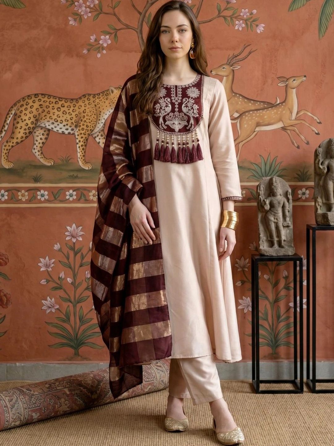 Sangria Women Ethnic Motifs Embroidered Regular Thread Work Kurta with Trousers & With Dupatta-picture-57