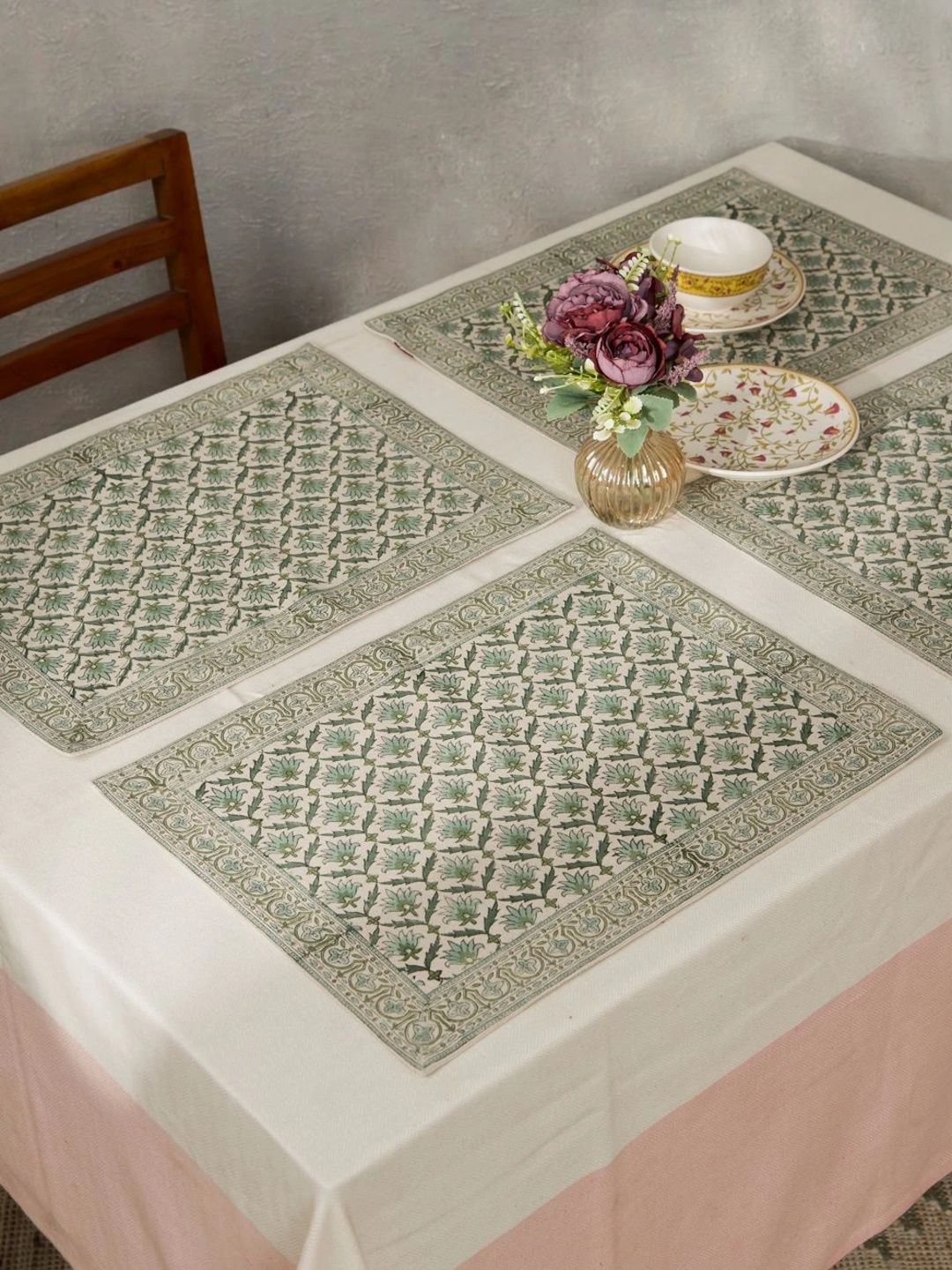 Fabindia 6-Pcs Green & Beige Ethnic Motifs Printed Cotton Rectangle Table Placemats-image-8