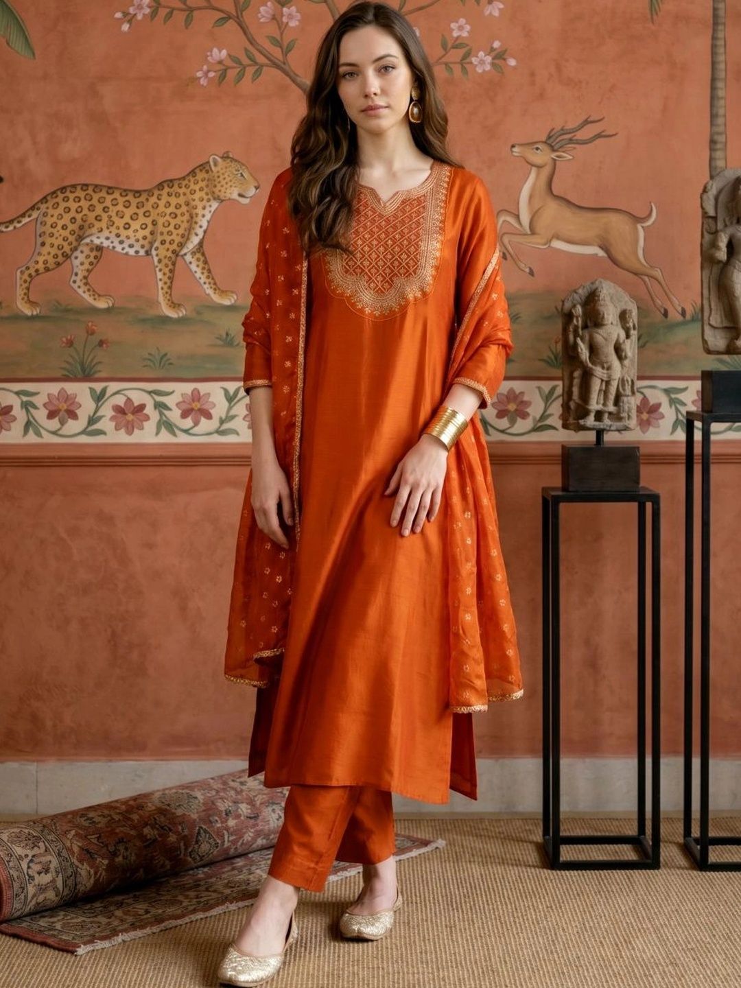Sangria Women Ethnic Motifs Embroidered Regular Kurta with Trousers & With Dupatta-picture-19