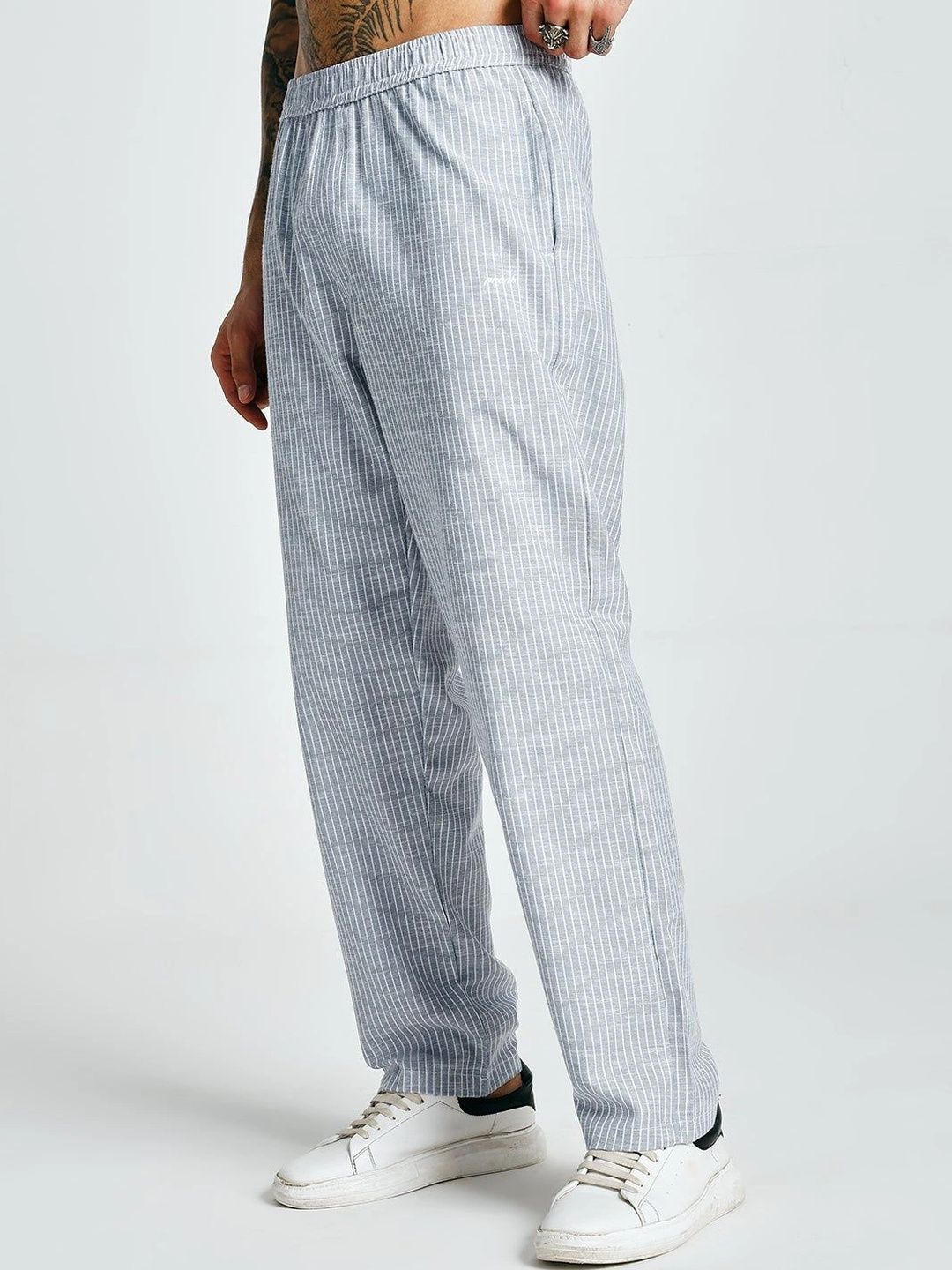 PRONK Striped Cotton Mid-Rise Straight Lounge Pants-image-37