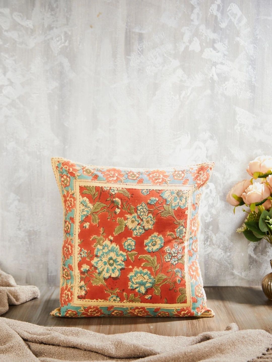 Fabindia Orange Floral Square Cushion Covers-picture-56