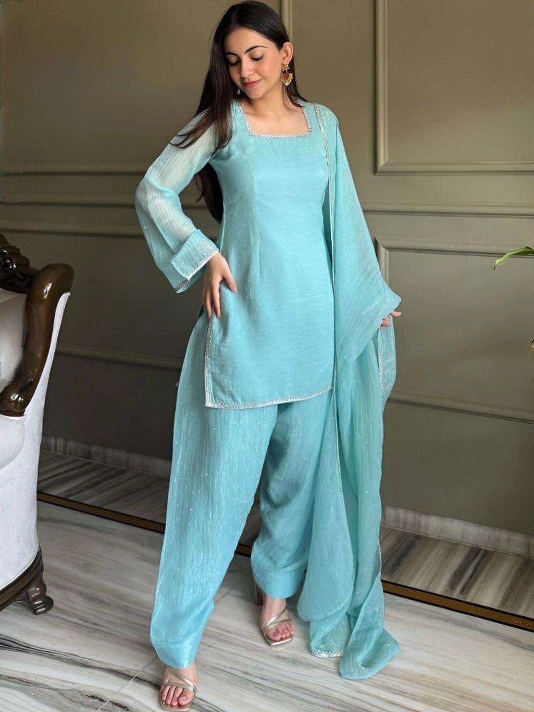 SHREEKALI Women Regular Silk Chiffon Kurta with Patiala & With Dupatta-picture-10