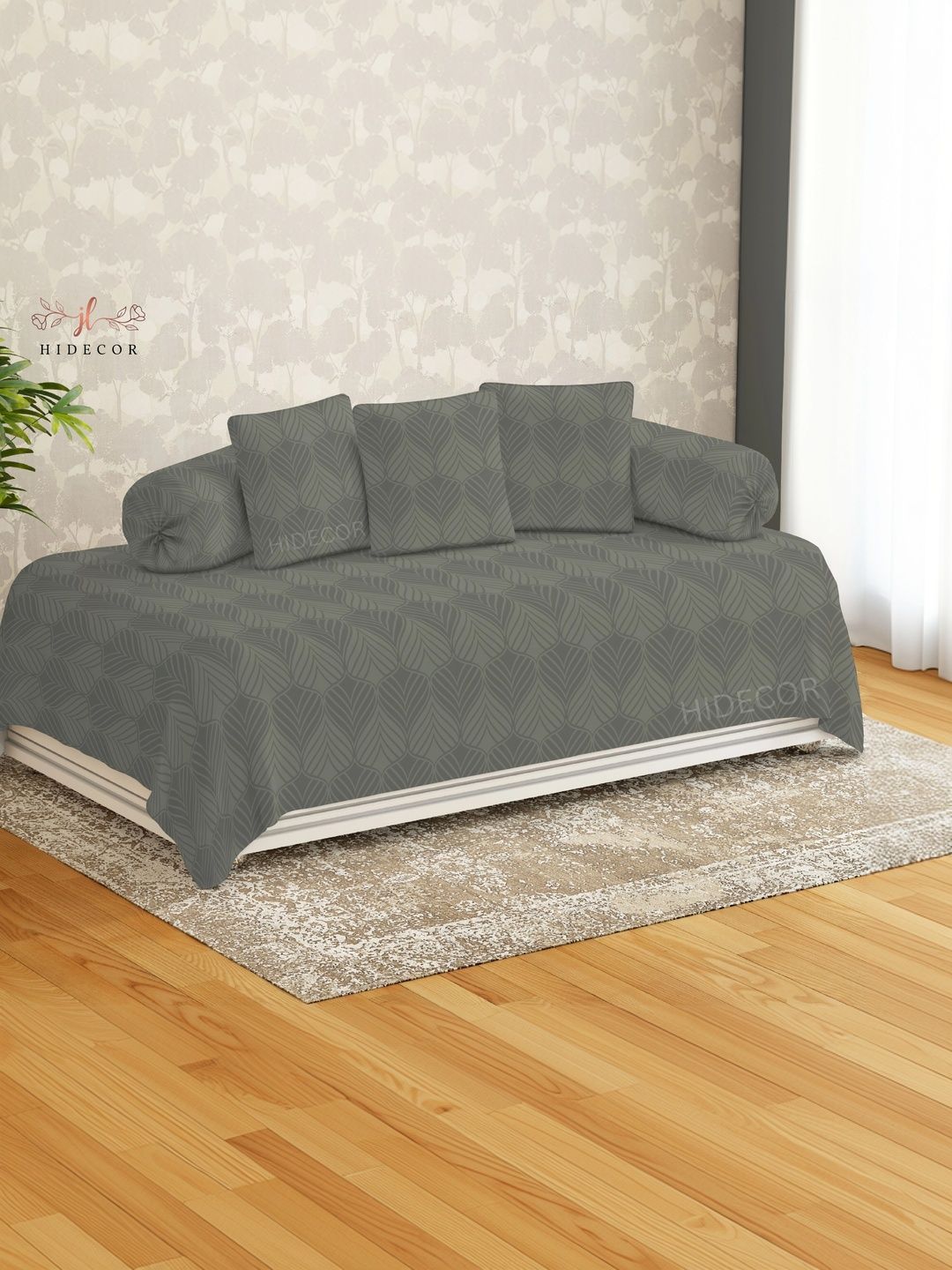 HIDECOR Set Of 6 Grey Printed Microfiber Diwan Set-picture-44