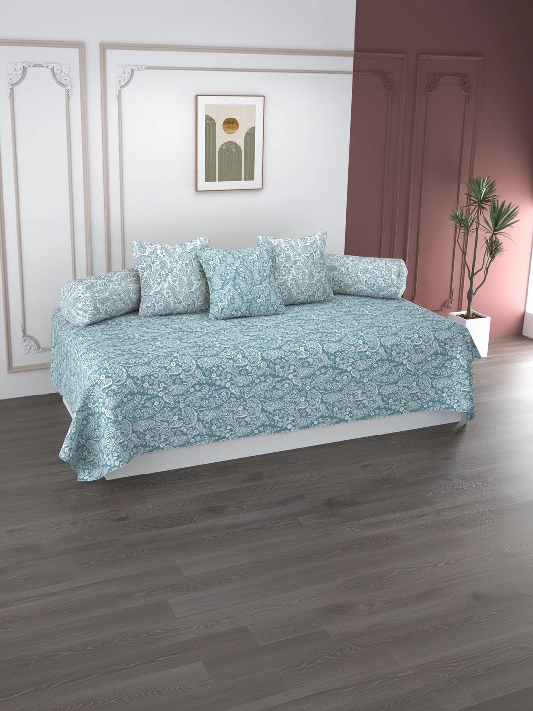 HIDECOR Set Of 6 Blue & White Printed Microfiber Diwan Set-picture-36