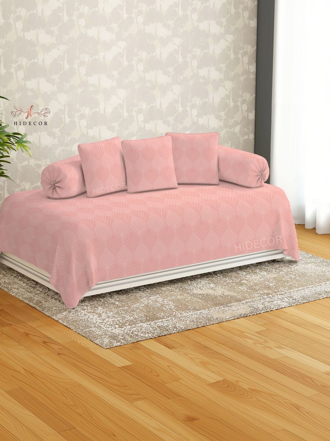 HIDECOR Set Of 6 Peach-Colored Printed Microfiber Diwan Set-picture-10