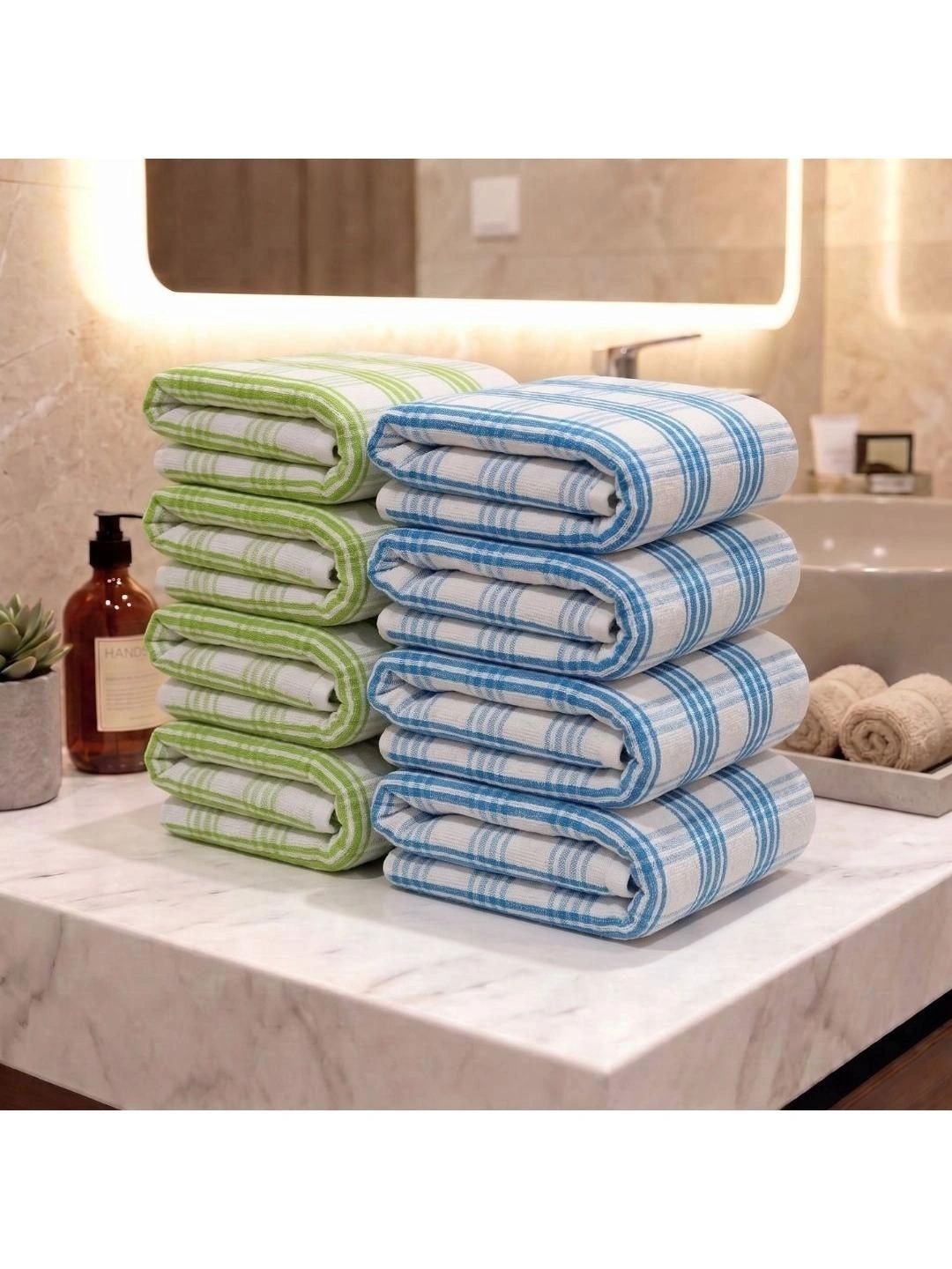 Athom Living Set Of 8 Blue & Green Striped Cotton Hand Towels-image-18