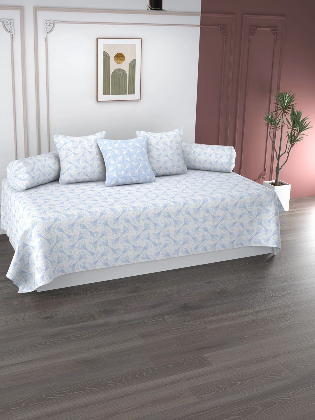 HIDECOR Set Of 6 White & Blue Printed Microfiber Diwan Set-picture-34