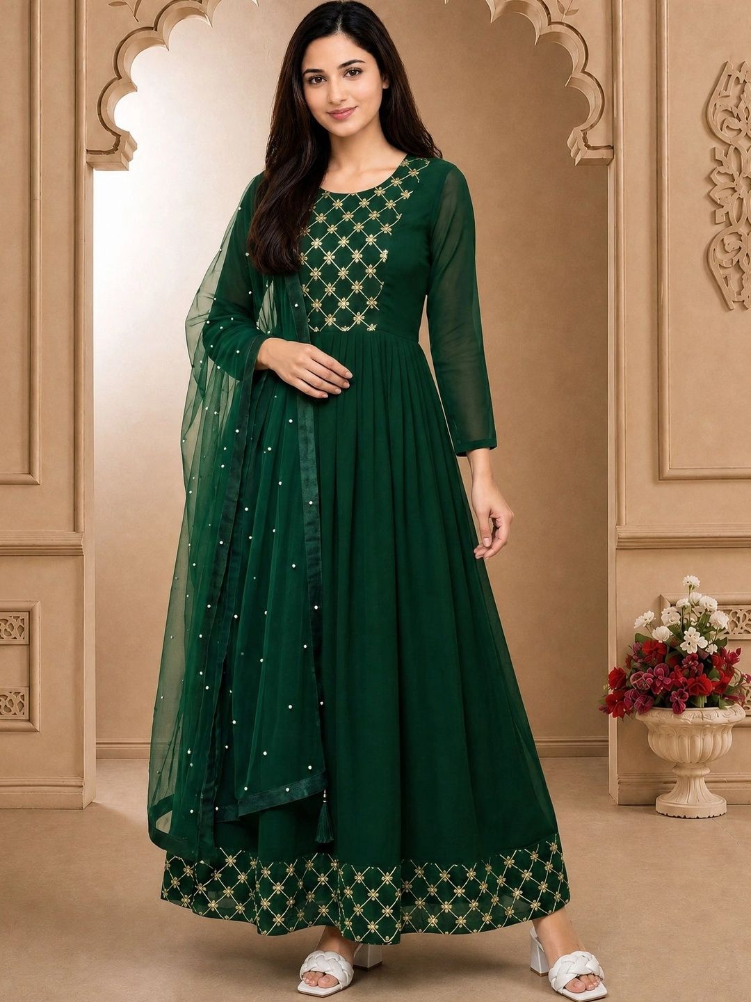 SZN Embroidered Round Neck Ethnic Dress with Dupatta-picture-32