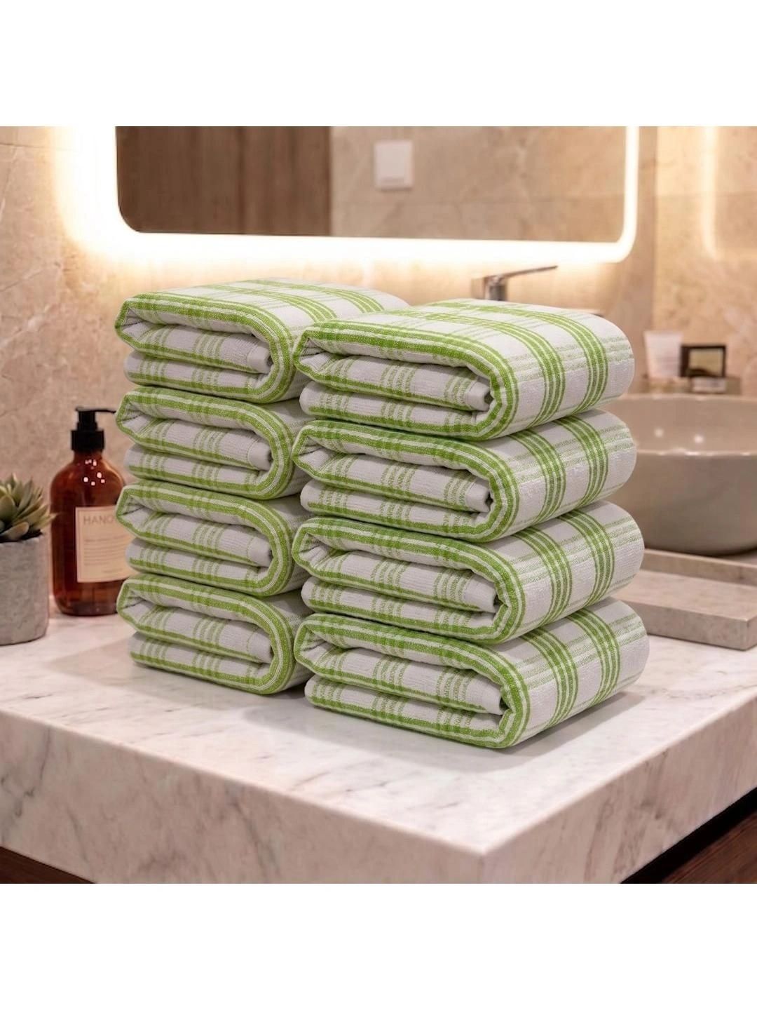 Athom Living Set Of 8 Green & White Striped Cotton Hand Towels-image-32