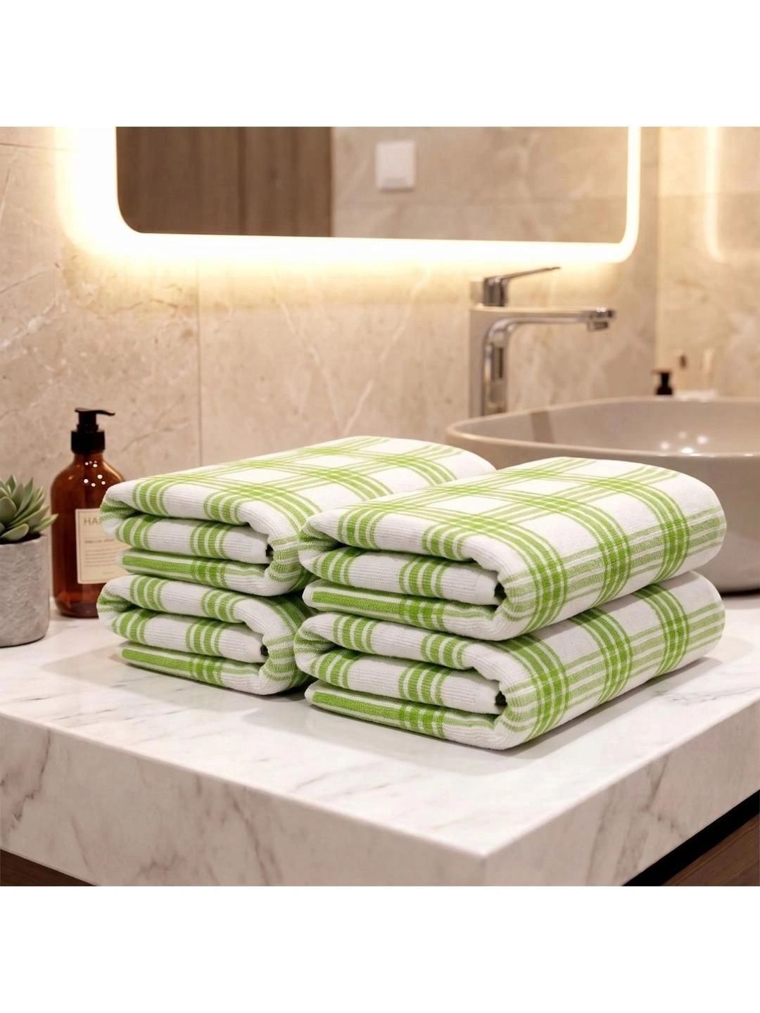 Athom Living Set Of 4 Green & White Striped Cotton Hand Towels-image-36