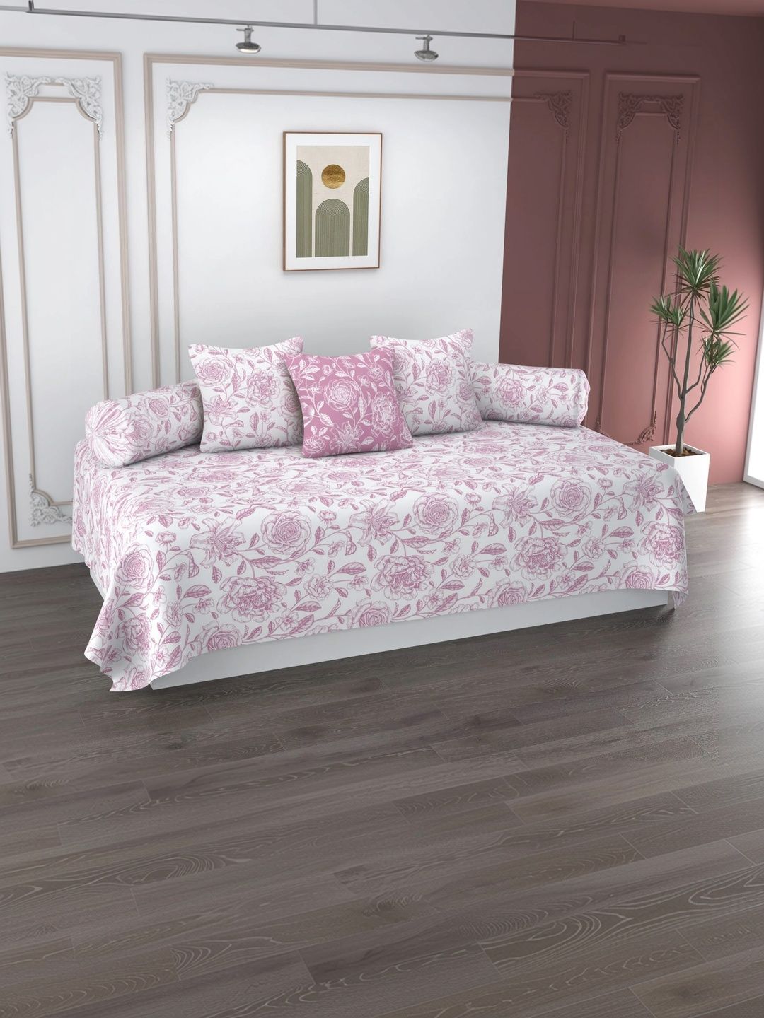 HIDECOR Set Of 6 White & Pink Printed Microfiber Diwan Set-image-31