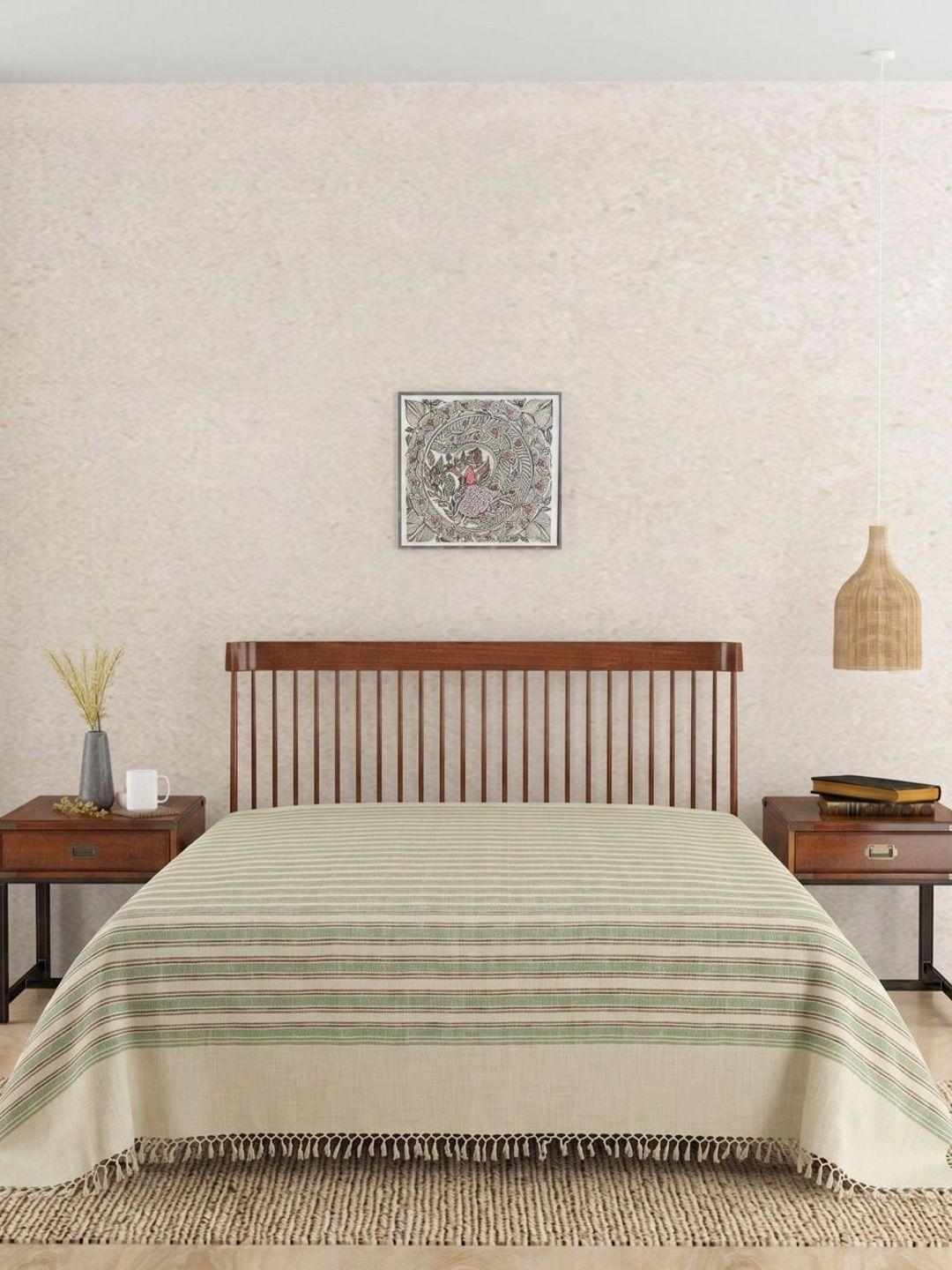 Fabindia Green & Beige Striped Cotton Hand Woven Single Bed Covers-image-2
