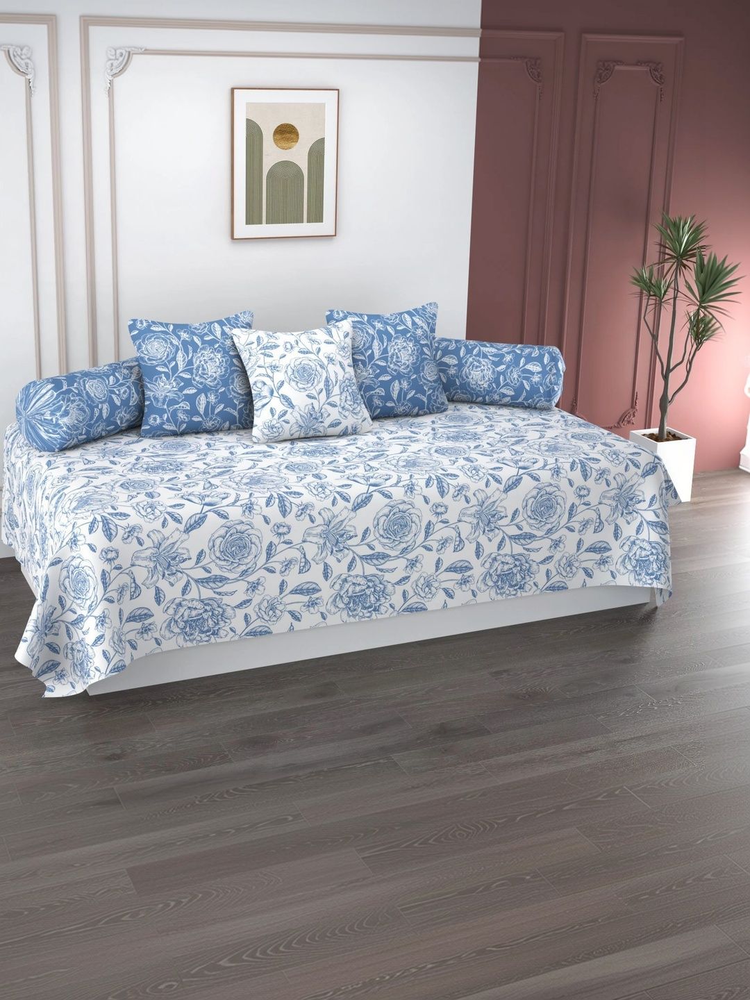 HIDECOR Set Of 6 White & Blue Printed Microfiber Diwan Set-picture-51