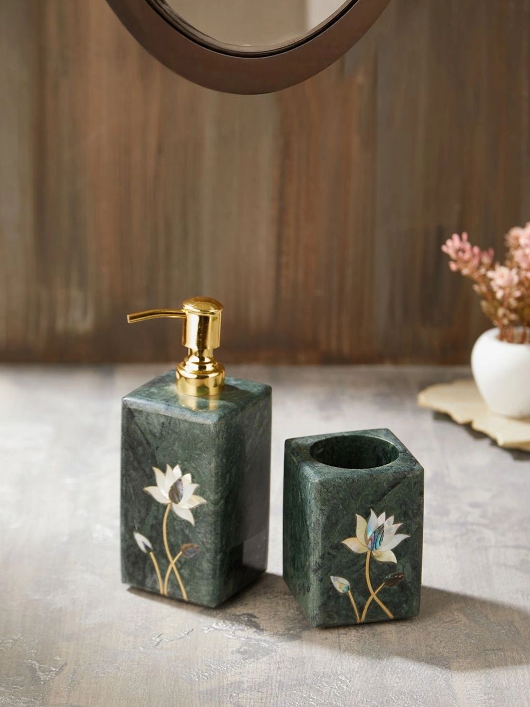 Fabindia Green Set Of 2 Floral Stoneware Bath Accessories Set-image-32