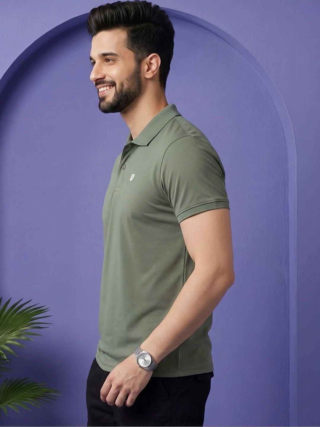 Olive Green Men Polo Collar T-shirt with Brand Logo-image-5