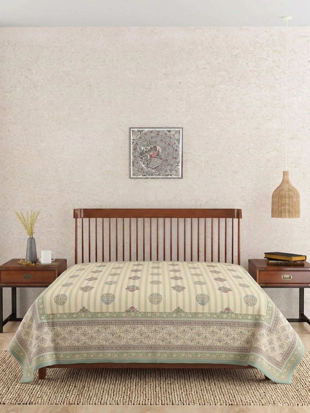 Fabindia Beige & Green Printed Cotton Double Bed - King Bed Covers-picture-10