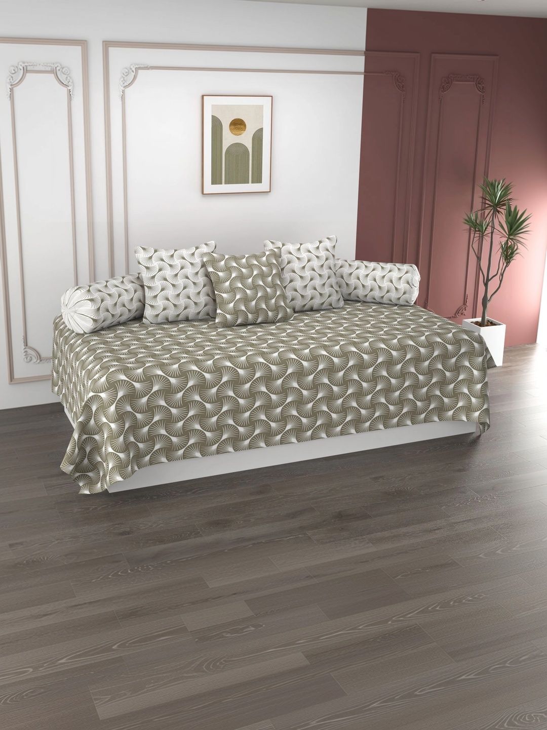 HIDECOR Set Of 6 Beige & White Printed Microfiber Diwan Set-picture-14