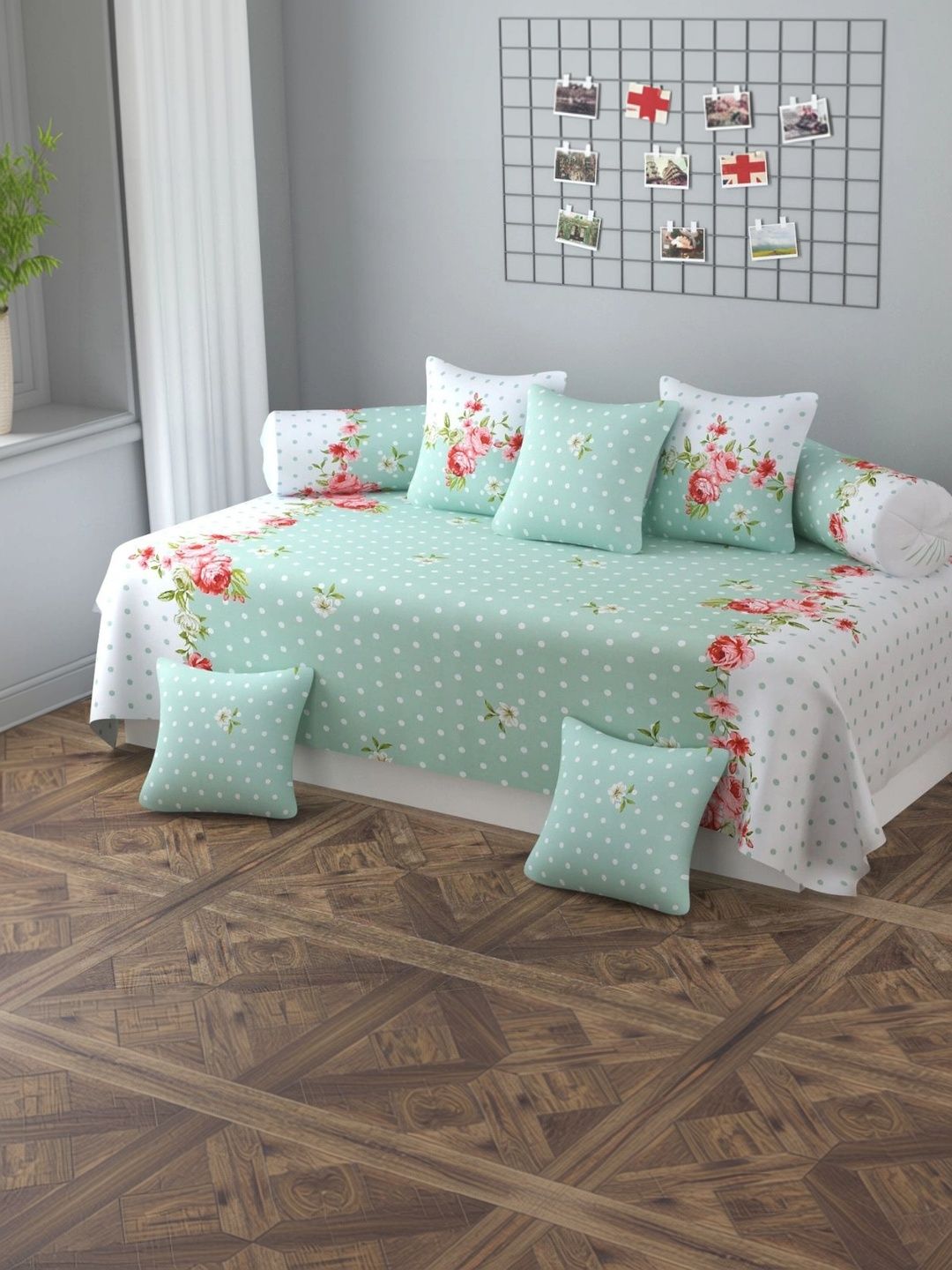 HIDECOR Set Of 8 Green & White Printed Microfiber Diwan Set-picture-37