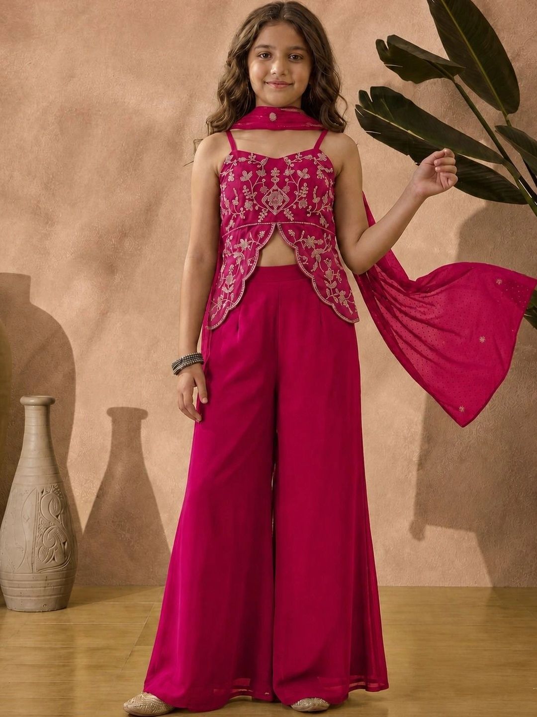 HERE&NOW Girls Ethnic Motifs Embroidered Regular Thread Work Silk Georgette Kurti with Palazzos & With-picture-35