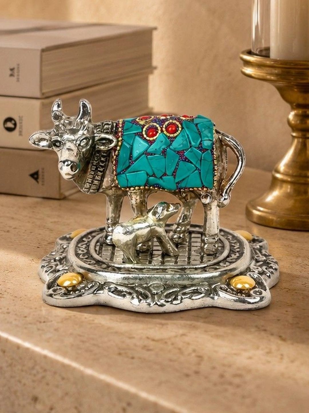 Natriel Grey & Blue Stones-Studded Embellished Kamdhenu Cow & Calf Showpiece-picture-48