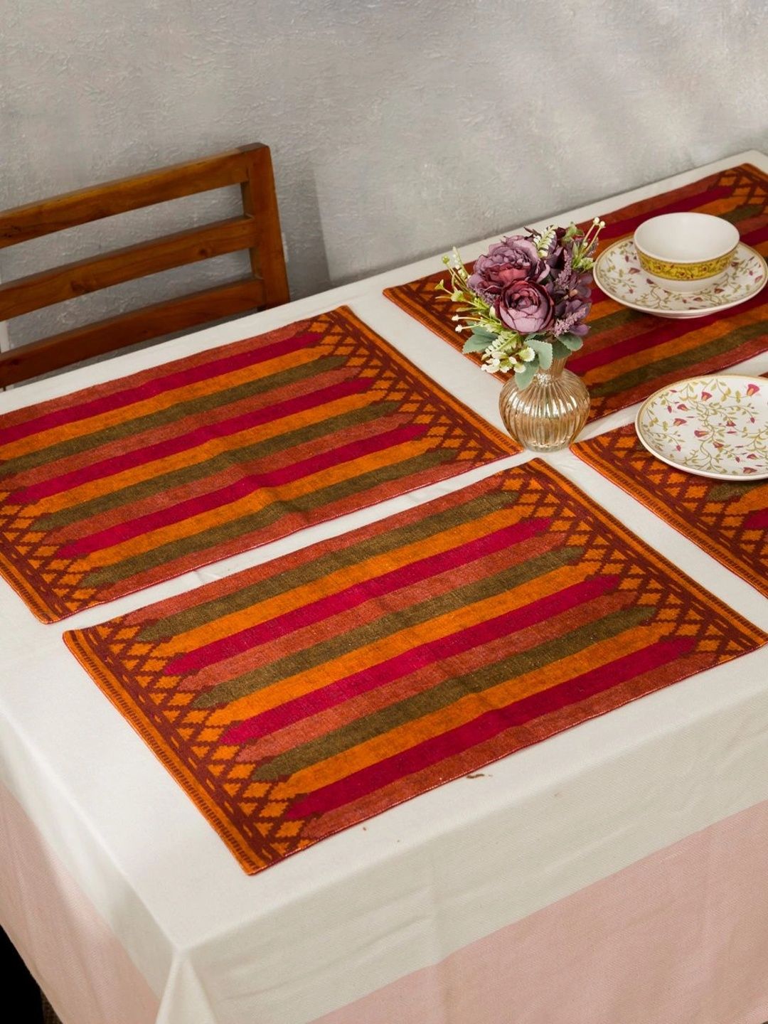 Fabindia 6-Pcs Yellow & Green Striped Cotton Rectangle Table Placemats-image-7