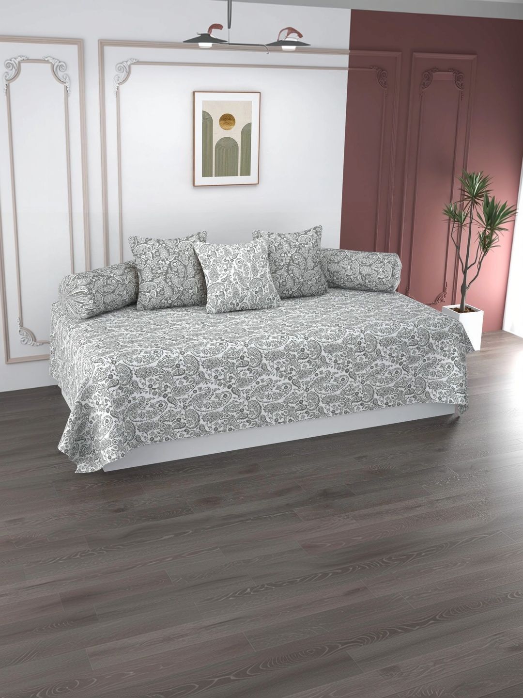 HIDECOR Set Of 6 Grey & White Printed Microfiber Diwan Set-picture-18