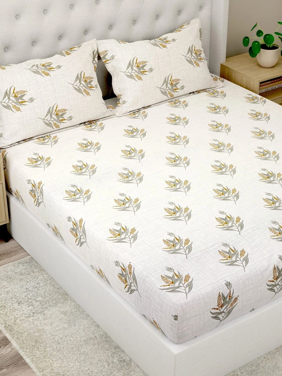 Pure Decor Grey & Yellow Floral 180 TC Bedsheet with 2 Pillow Covers-image-42