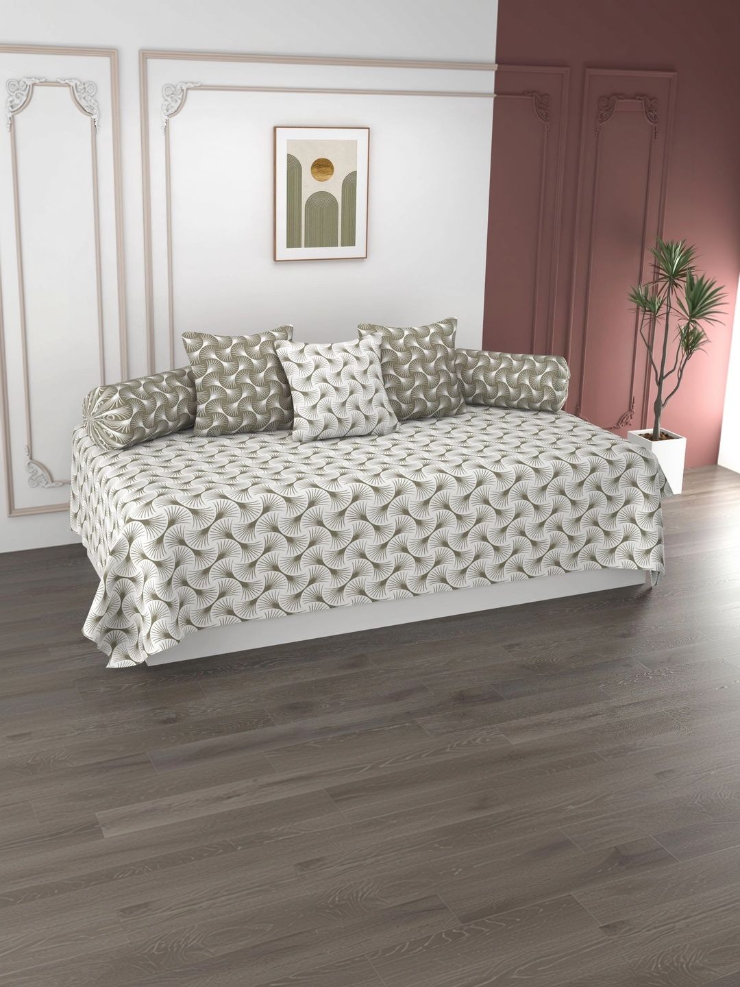 HIDECOR Set Of 6 White & Green Printed Microfiber Diwan Set-picture-54