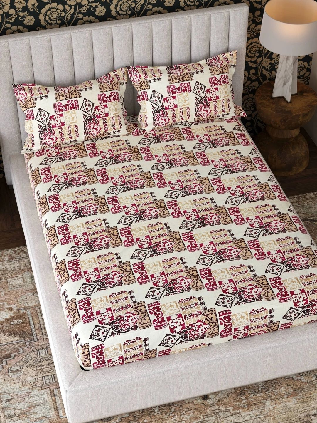 Pure Decor Maroon & Beige Ethnic Motifs 180 TC Bedsheet with 2 Pillow Covers-image-8