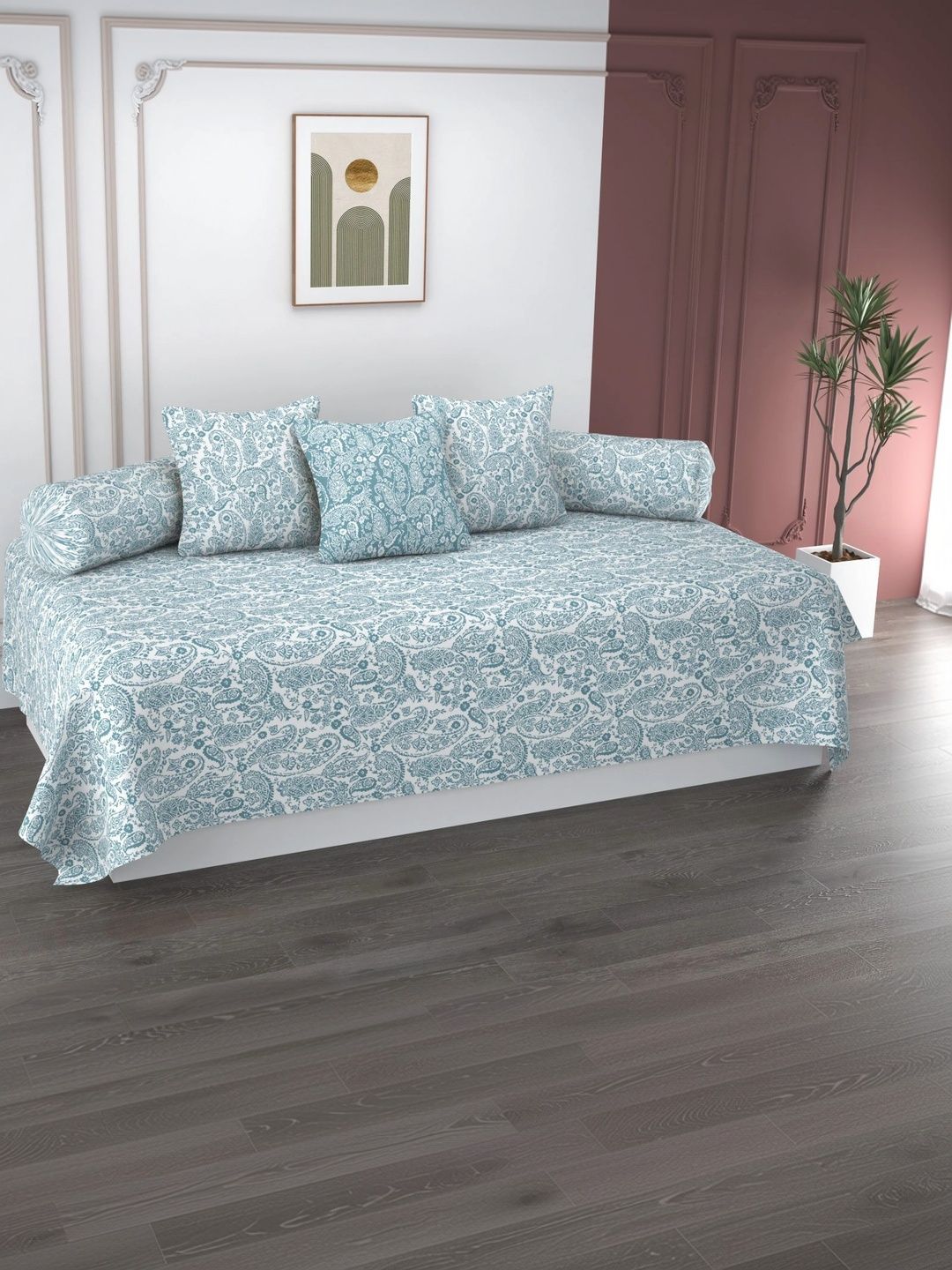 HIDECOR Set Of 6 White & Blue Printed Microfiber Diwan Set-picture-25